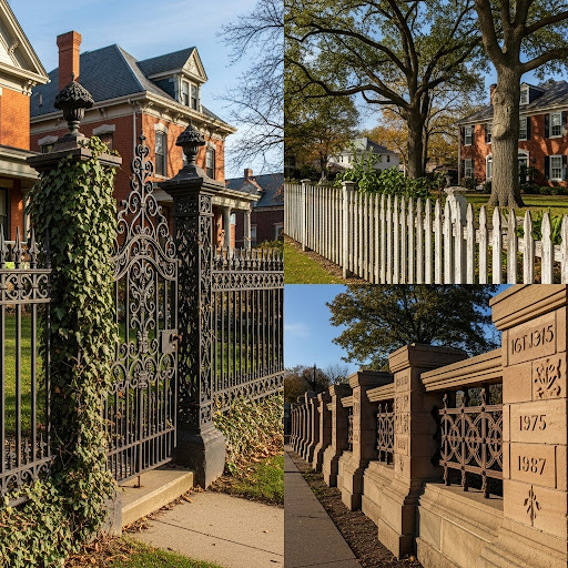 A collage of historic fences in Cleveland, Ohio, showing wrought iron, wood picket, and sandstone designs.
